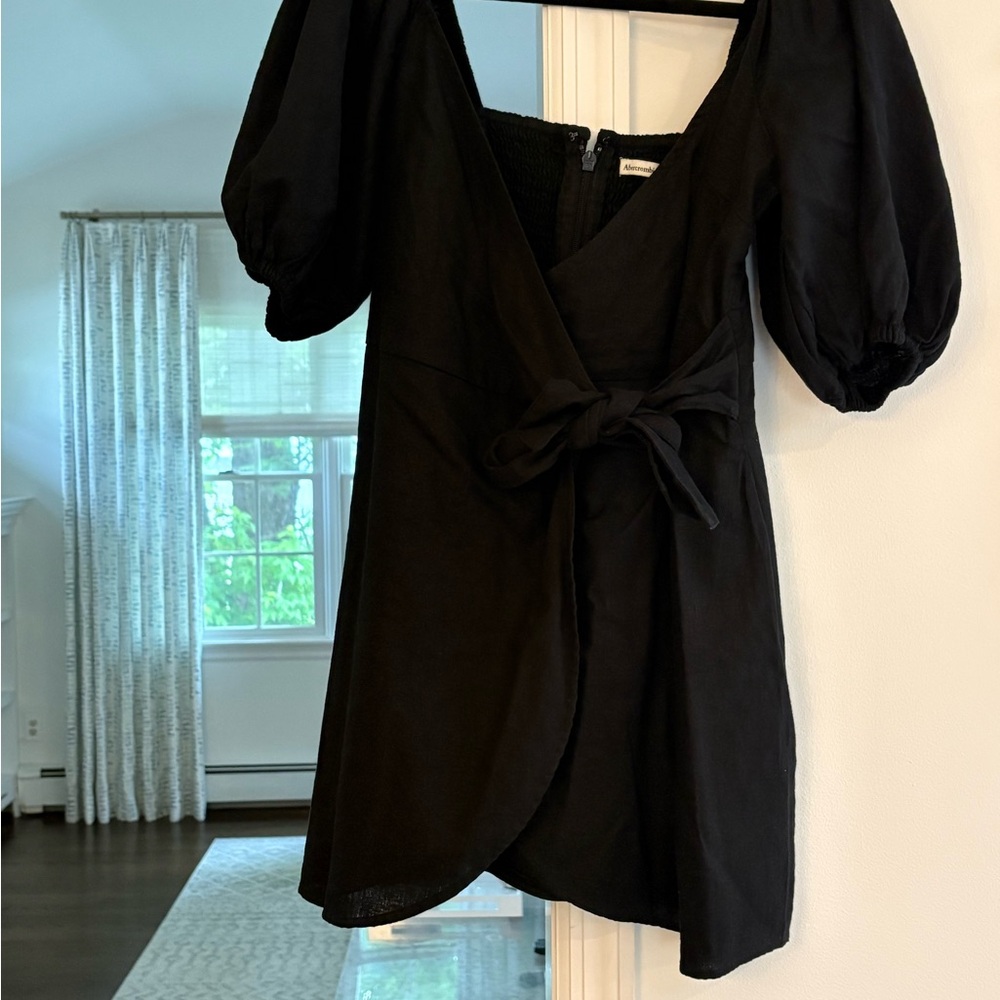 Abercrombie & Fitch Black Puff-Sleeve Wrap Mini Dress